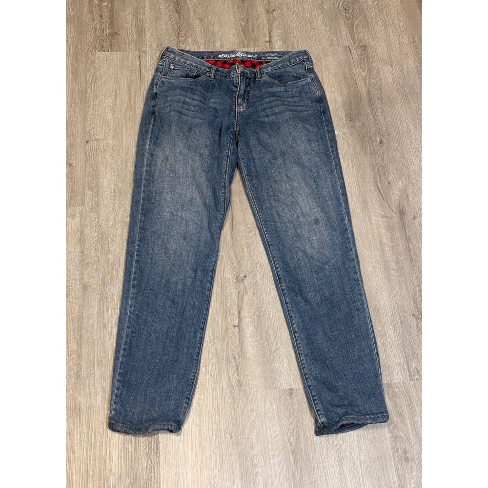 Eddie Bauer Womens 4 Flannel Lined Boyfriend Jeans Plaid Medium Wash Relaxed Leg